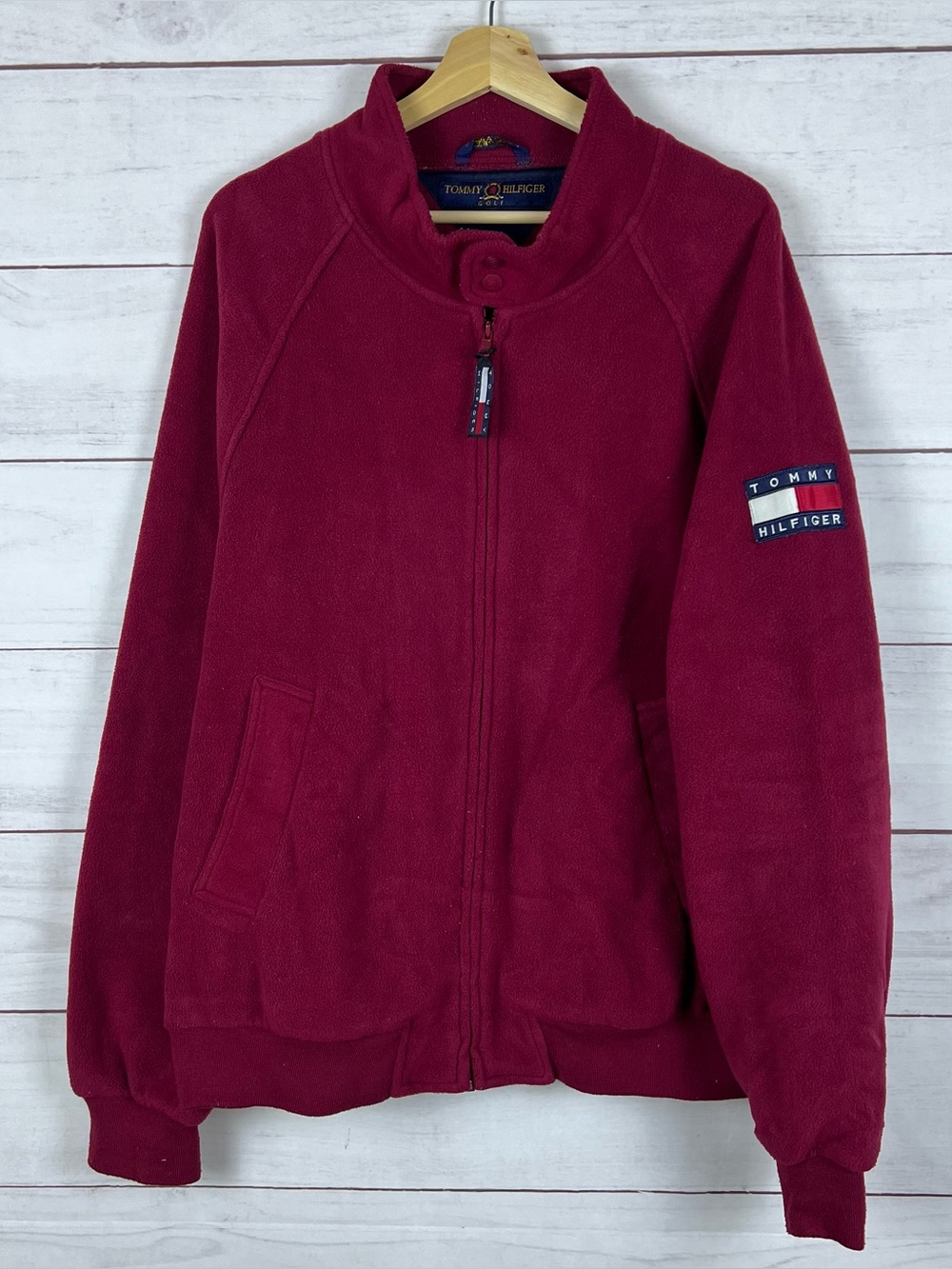 Vintage 90s Tommy Hilfiger Golf Red Fleece Full Zip Jacket Mens Large